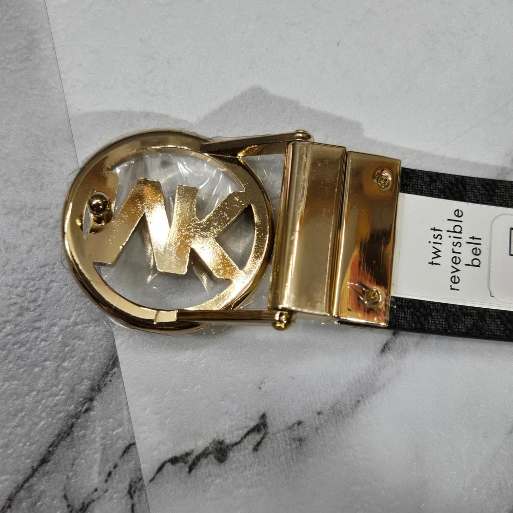 Michael Kors Reversible Twist Belt MK Logo Brown Black Gold XL 551342